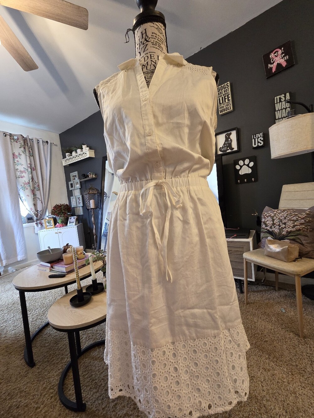 Elle White Asymmetrical Eyelet Hem Sleeveless Dress